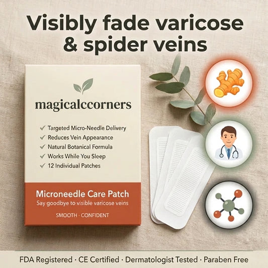 A product advertisement for 'magicalcorners' Microneedle Care Patches. The image shows the product packaging box, three individual white adhesive patches, a decorative eucalyptus sprig, and three circular graphic icons representing benefits (ginger, doctor, molecular structure).